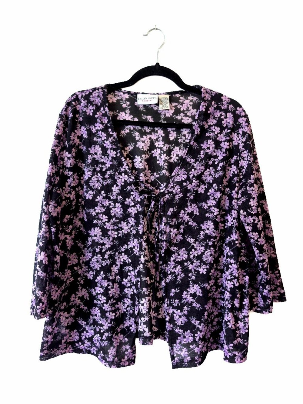 Vintage 90s-Style Black and Lavender Floral Front Tie Sheer Top